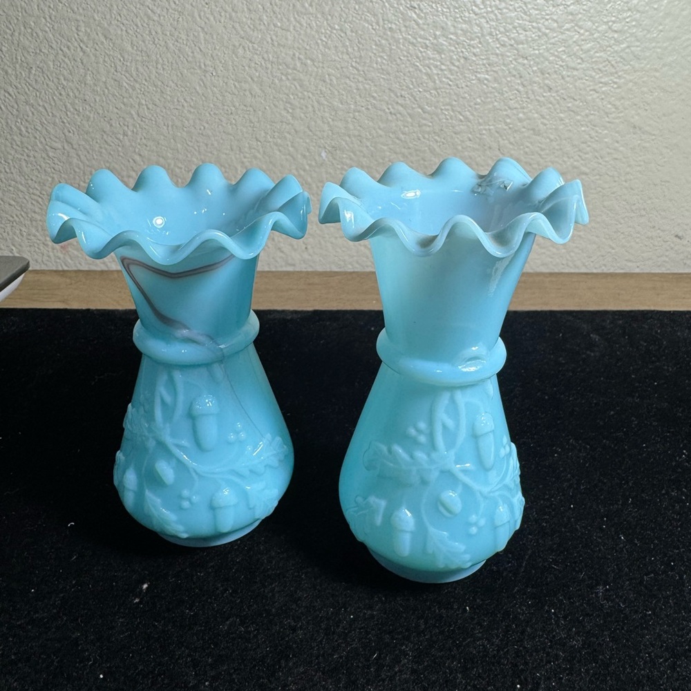 Antique French Blue Opaline Acorn Bud Vases 4” – Set of 2